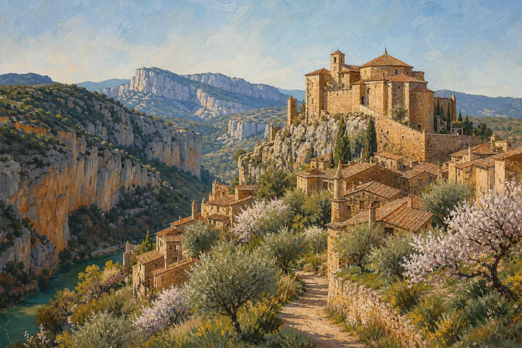 Alquézar et sa collégiale perchée au-dessus du canyon du río Vero, au printemps