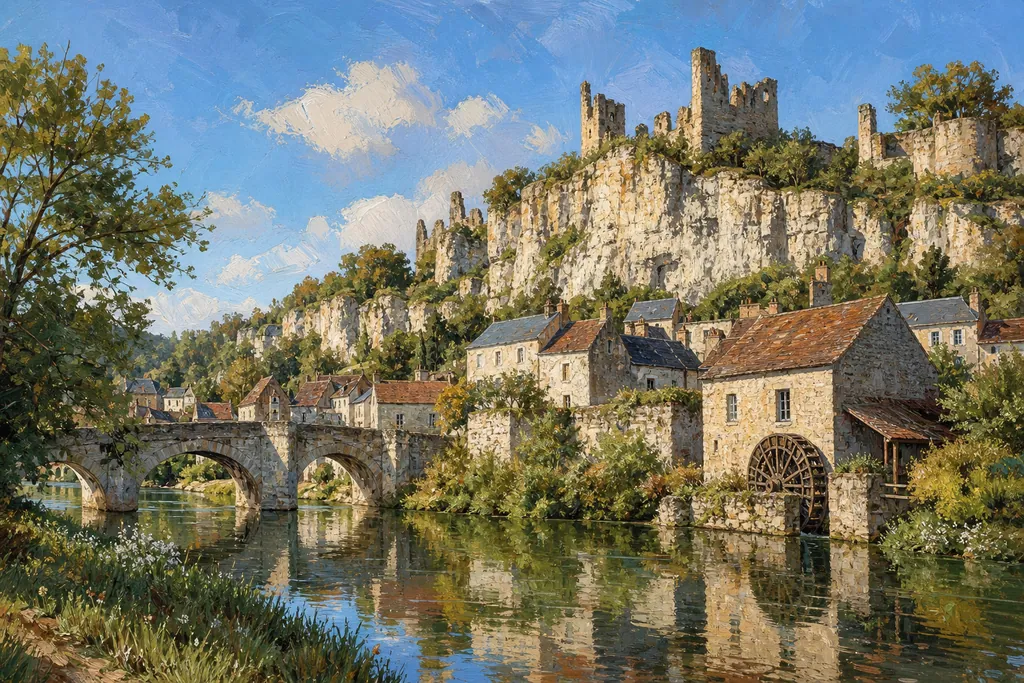 Ruines du château d'Angles-sur-l'Anglin sur leur falaise au-dessus de la rivière, du pont et du moulin