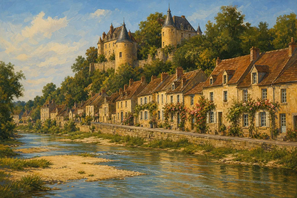 Maisons ocre et château d'Apremont-sur-Allier au bord de la rivière Allier