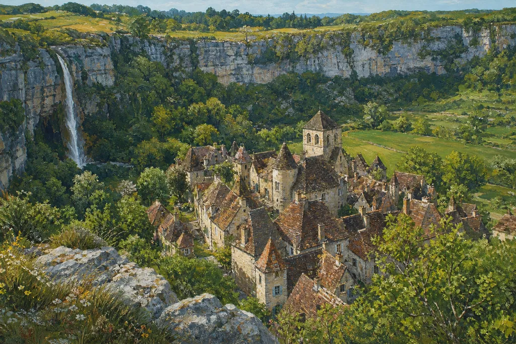 Le village d'Autoire et ses manoirs à tourelles au fond d'un cirque de falaises calcaires