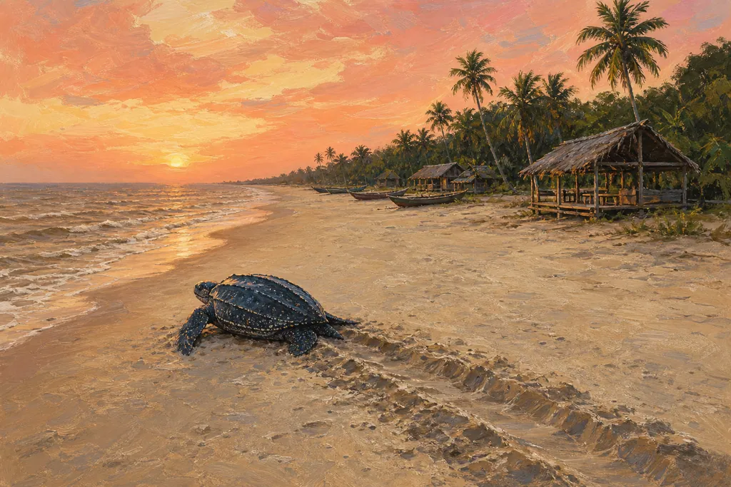 Illustration de la plage des Hattes à Awala-Yalimapo, tortue luth regagnant la mer devant des carbets kali'na.