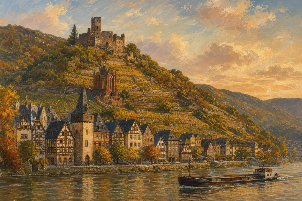 Bacharach vu du Rhin avec ses colombages, la chapelle Werner et le château de Stahleck au-dessus des vignes