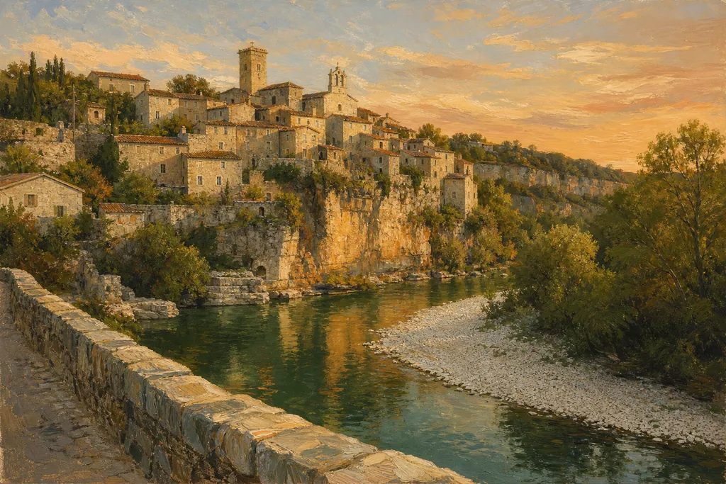 Balazuc perché sur sa falaise de calcaire au-dessus de l'Ardèche, vu depuis le pont