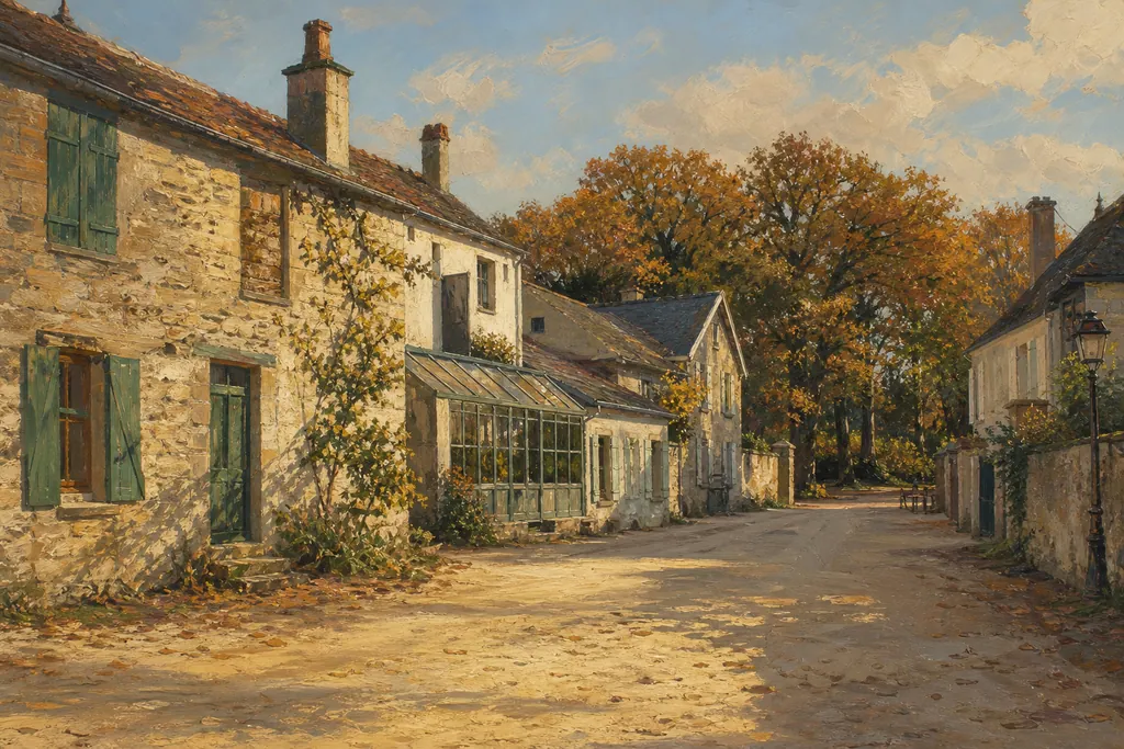 Grande Rue de Barbizon avec ses maisons de peintres et la forêt de Fontainebleau en arrière-plan