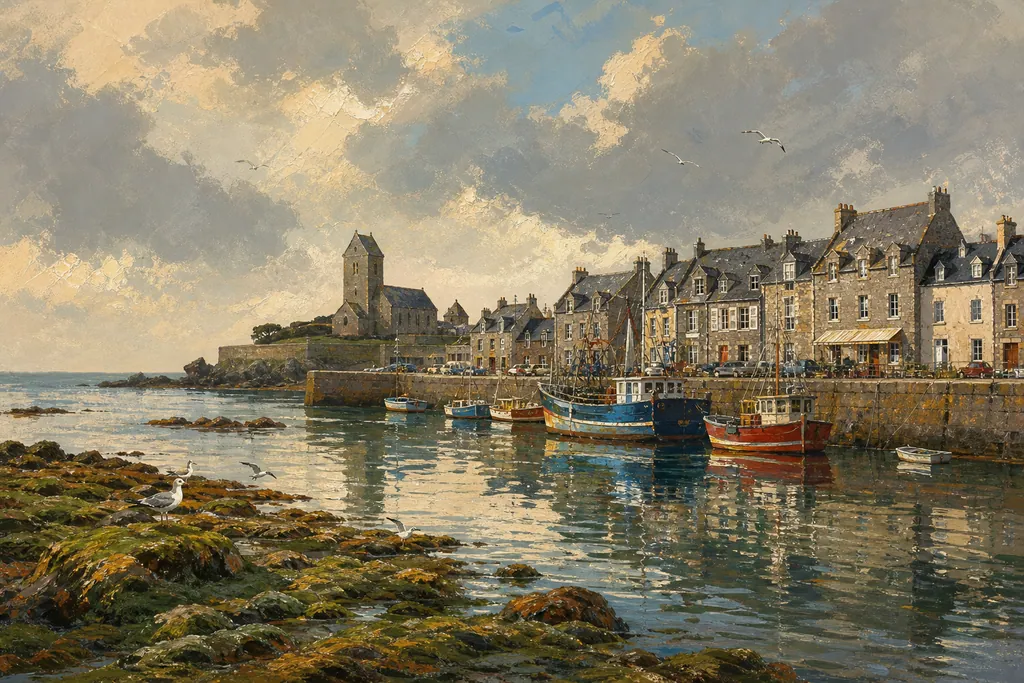 Port de Barfleur avec ses maisons de granit, ses bateaux de pêche et l'église Saint-Nicolas au bord de l'eau