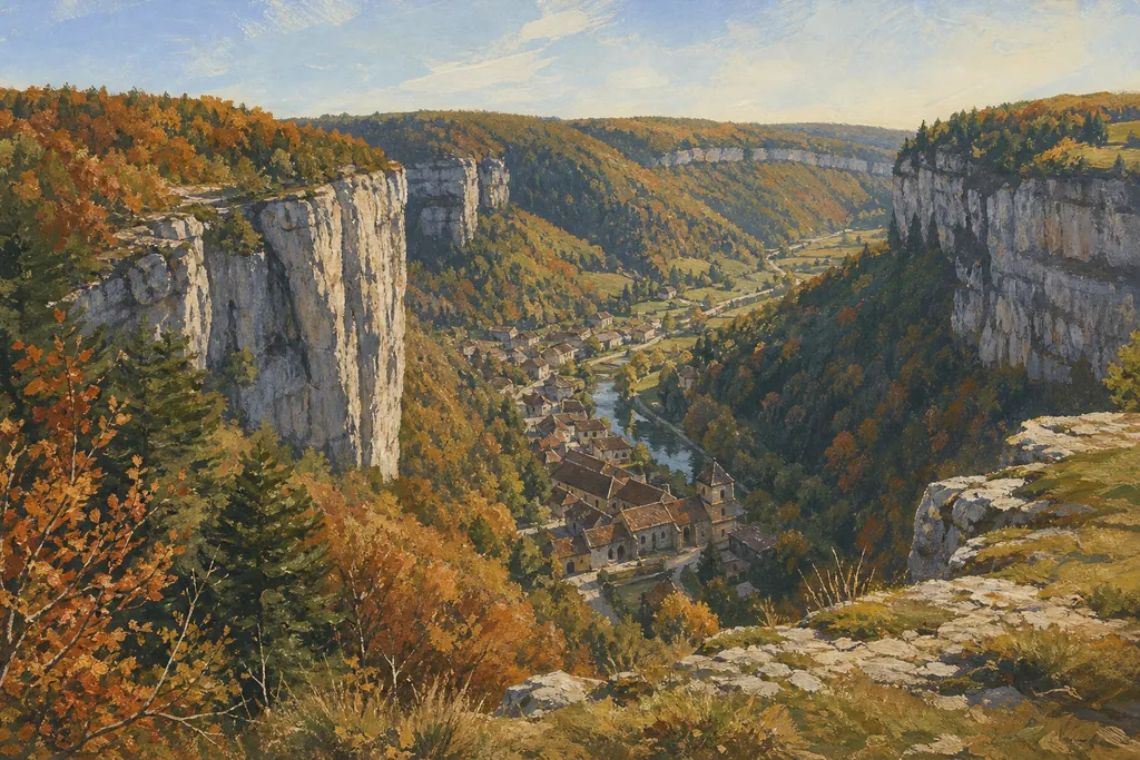 La reculée de Baume-les-Messieurs vue du belvédère, avec l'abbaye au fond entre les falaises.