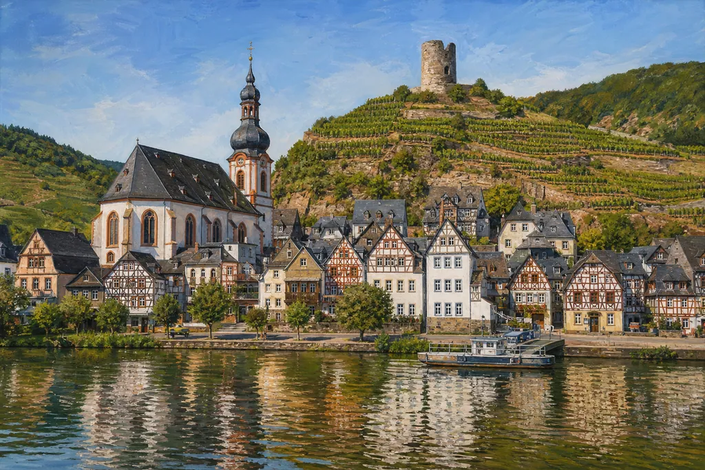 Beilstein depuis l'autre rive de la Moselle, avec l'église des Carmes et la ruine du château de Metternich