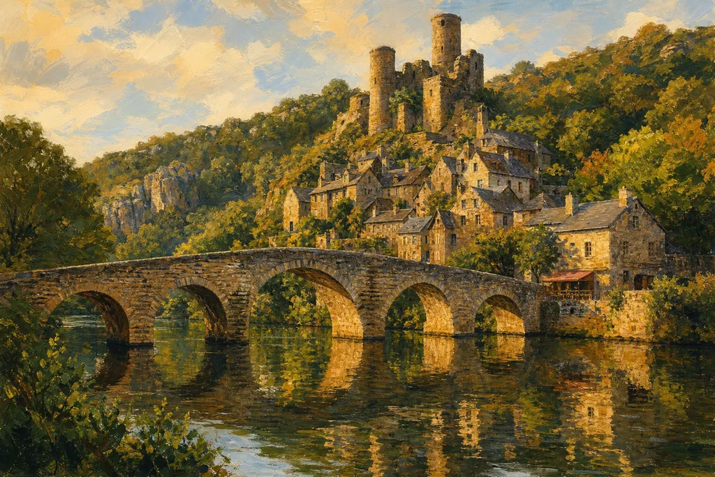 Le pont médiéval de Belcastel reflété dans l'Aveyron, maisons de lauze et château aux tours rondes