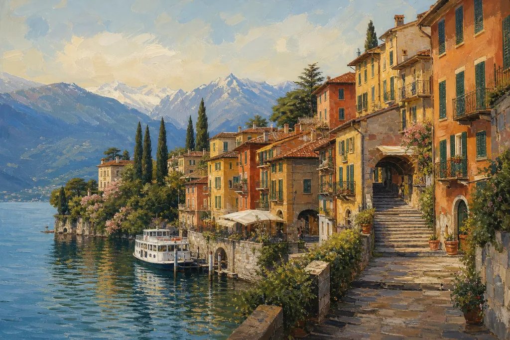 Bellagio et ses maisons colorées sur la pointe du lac de Côme, vues depuis le bateau