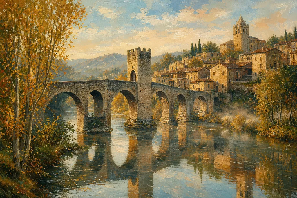 Le pont roman fortifié de Besalú sur le Fluvià, avec le village médiéval en arrière-plan