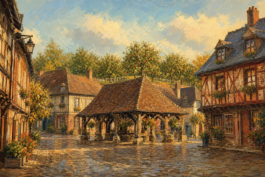 Place aux Halles de Beuvron-en-Auge avec ses maisons à colombages et ses géraniums sous la lumière du soir
