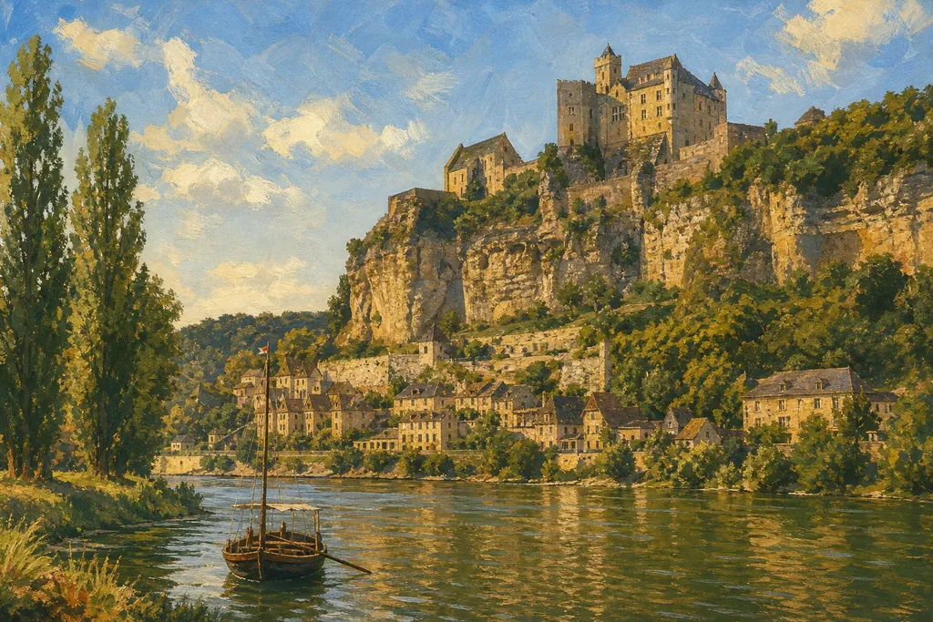 Château de Beynac sur sa falaise et village aux toits de lauze au-dessus de la Dordogne