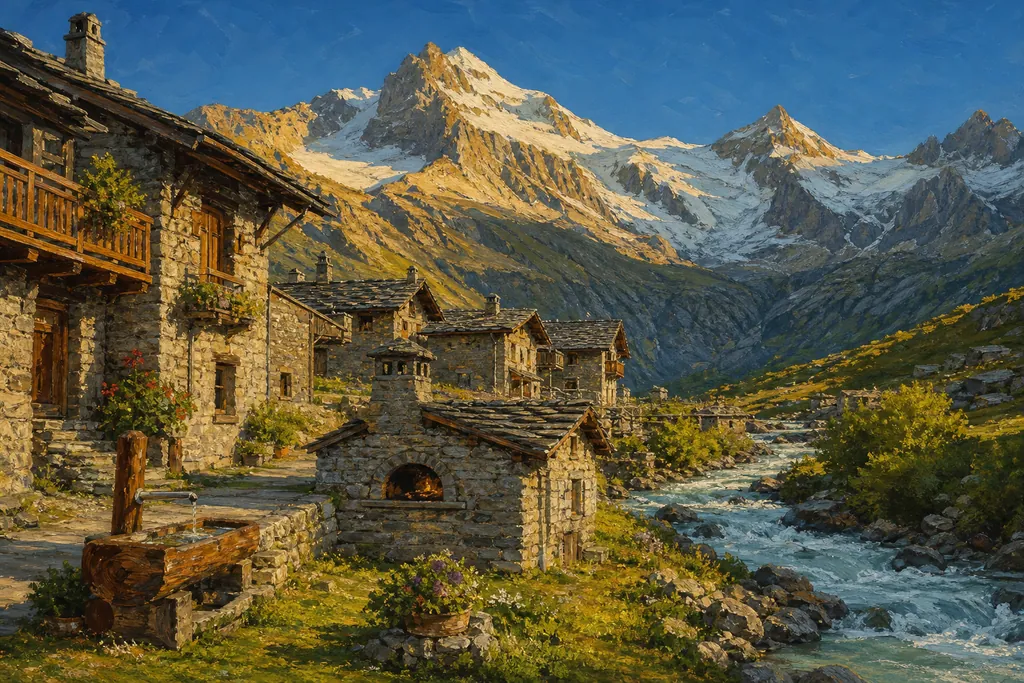Maisons de pierre et toits de lauze de Bonneval-sur-Arc sous les sommets et glaciers de la Vanoise
