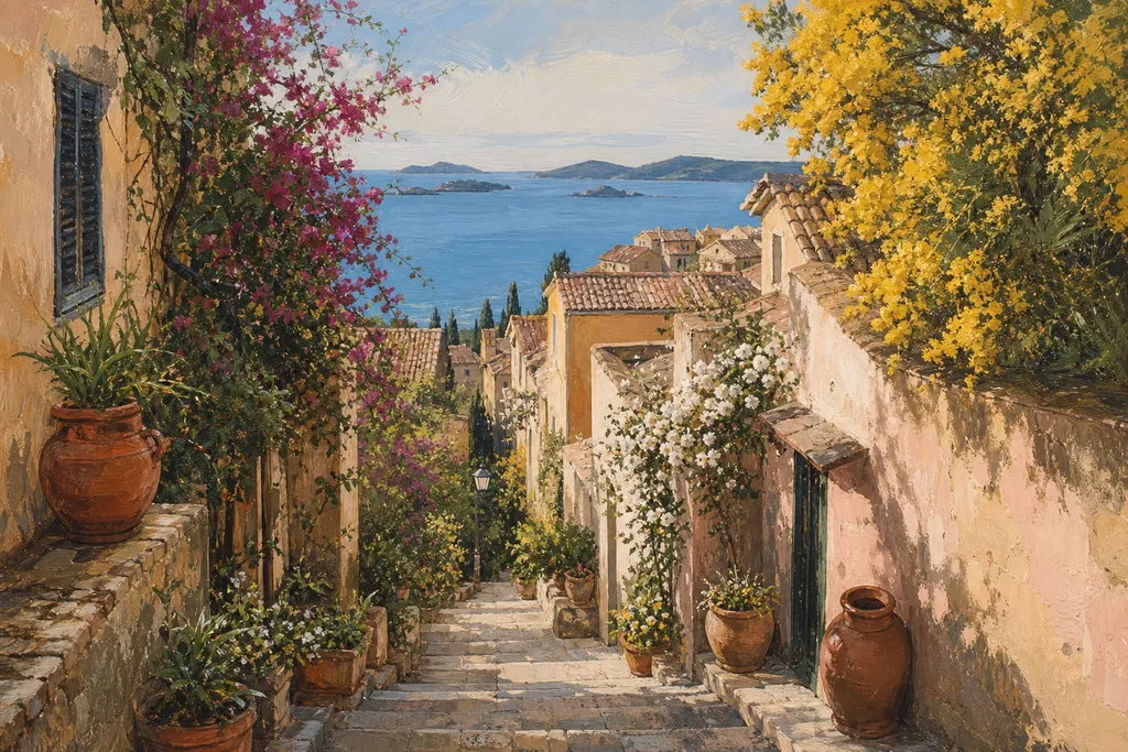 Ruelle fleurie en escalier de Bormes-les-Mimosas avec façades colorées et mimosa en fleur face à la mer.
