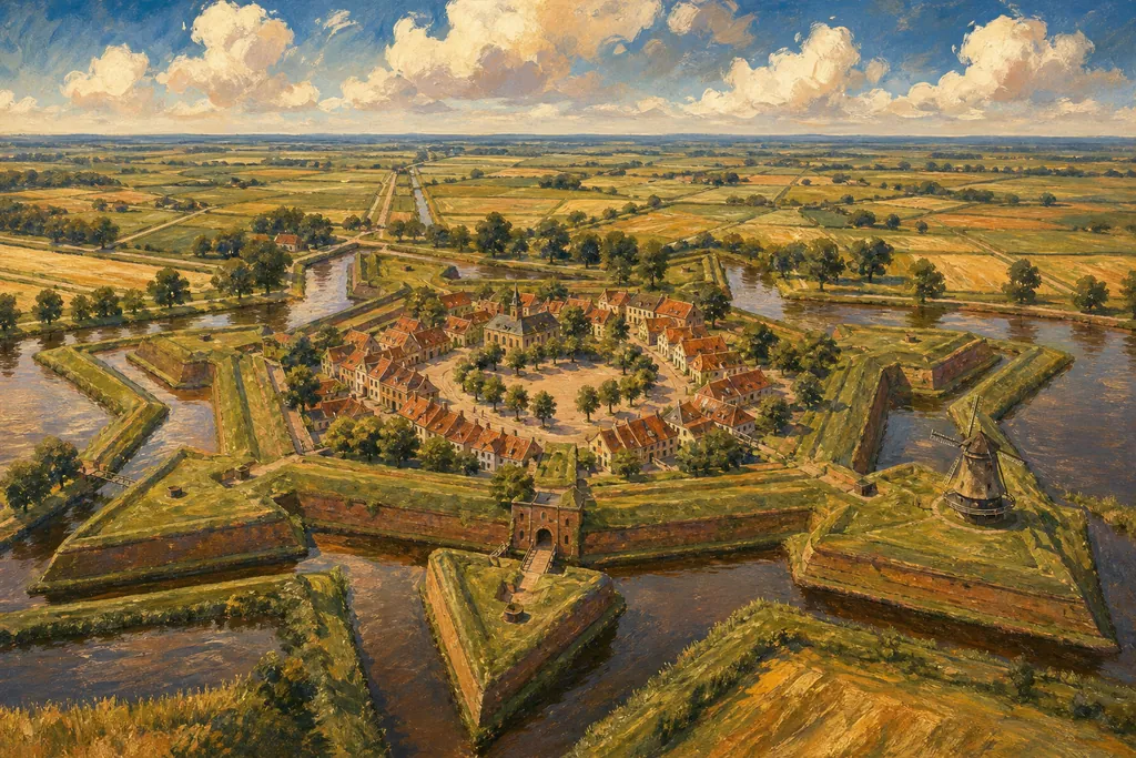 La forteresse en étoile de Bourtange vue du ciel, avec ses remparts d'herbe, ses douves et son moulin