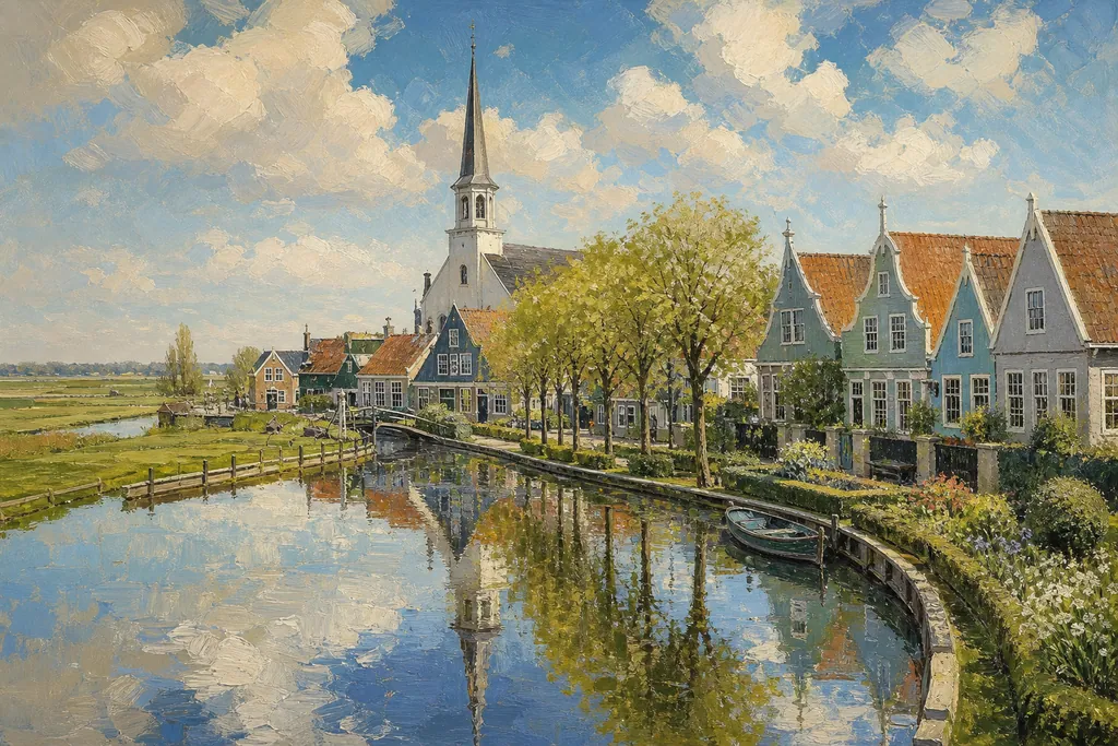 Maisons de bois pastel et église blanche de Broek in Waterland reflétées dans l'étang du Havenrak