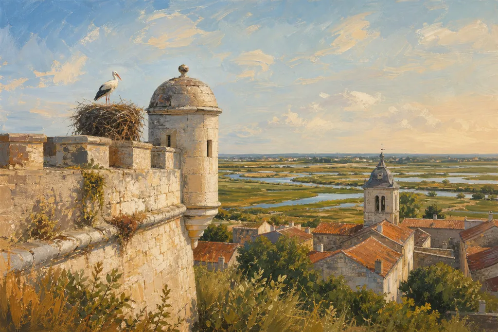 Rempart et échauguette de Brouage dominant les marais verts et les canaux au soleil couchant