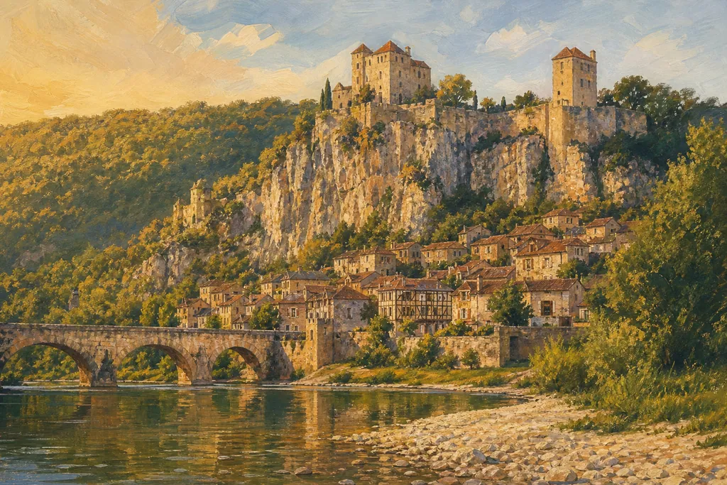 Les deux châteaux de Bruniquel sur leur rocher au-dessus de l'Aveyron et du village