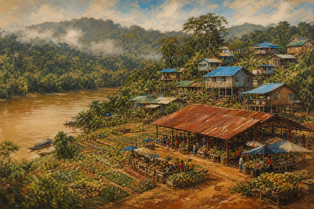 Illustration du village hmong de Cacao en Guyane, maisons sur pilotis, jardins en terrasses et forêt.