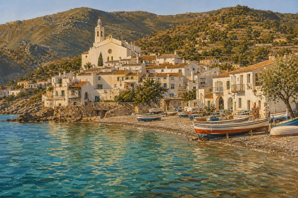 La baie de Cadaqués avec ses maisons blanches, son église et ses barques de pêche sur les galets