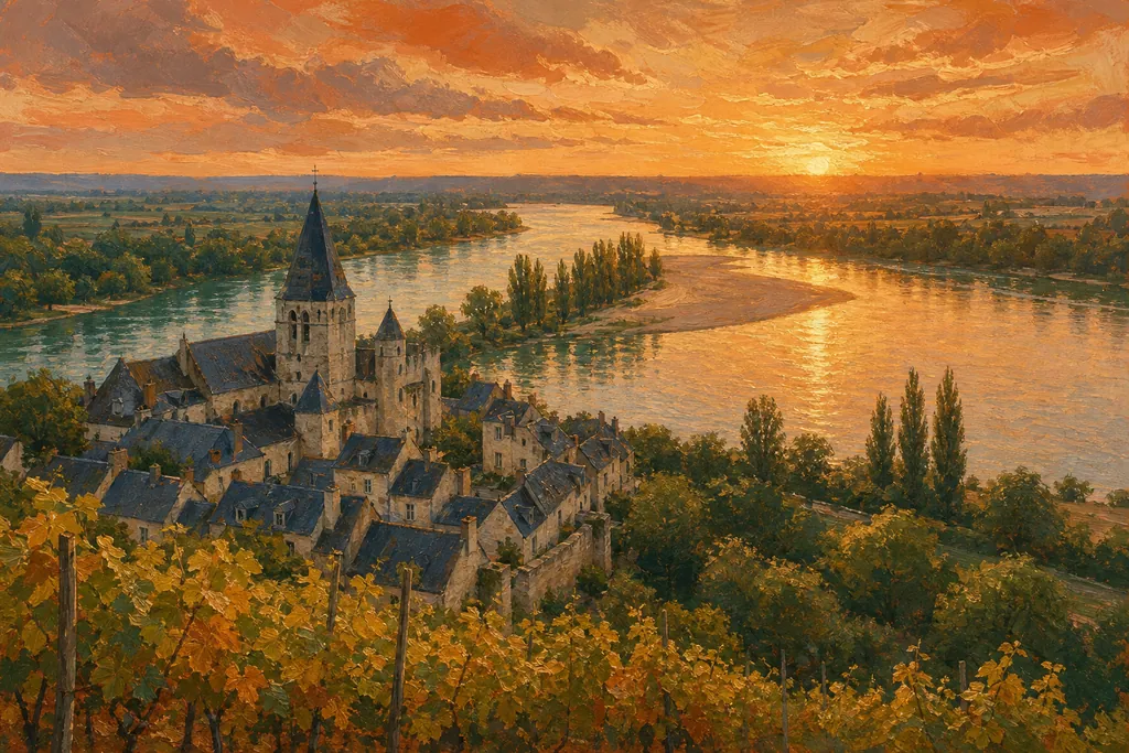 Le confluent de la Vienne et de la Loire vu depuis Candes-Saint-Martin et sa collégiale fortifiée