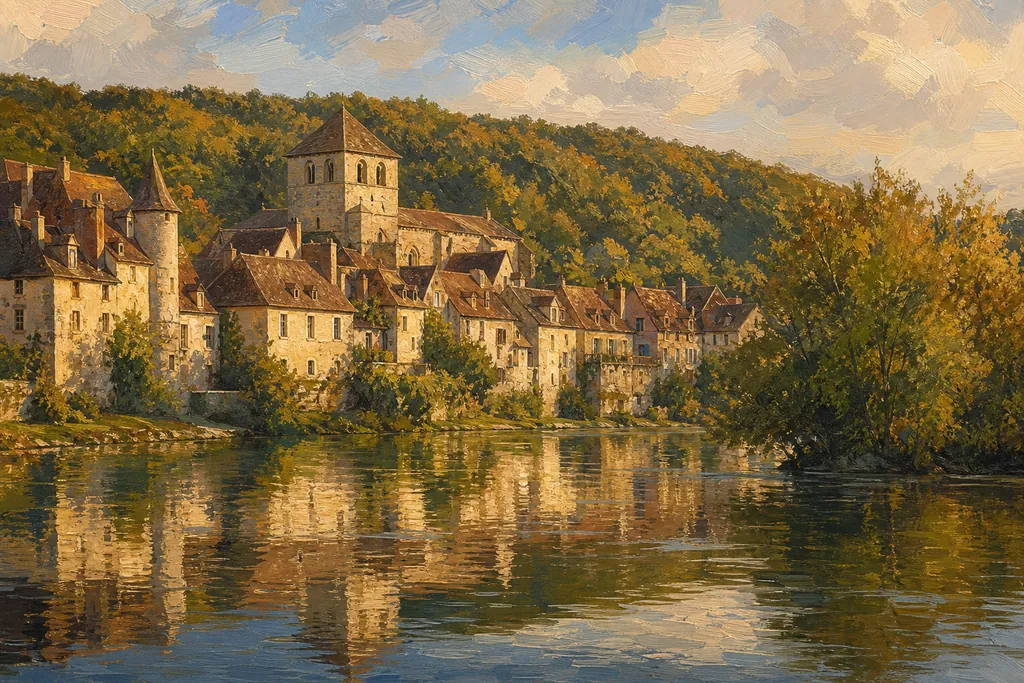 Le village de Carennac et son prieuré reflétés dans la Dordogne au soleil couchant