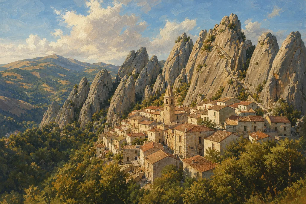 Castelmezzano blotti entre les aiguilles de grès des Dolomites lucaniennes au soleil couchant