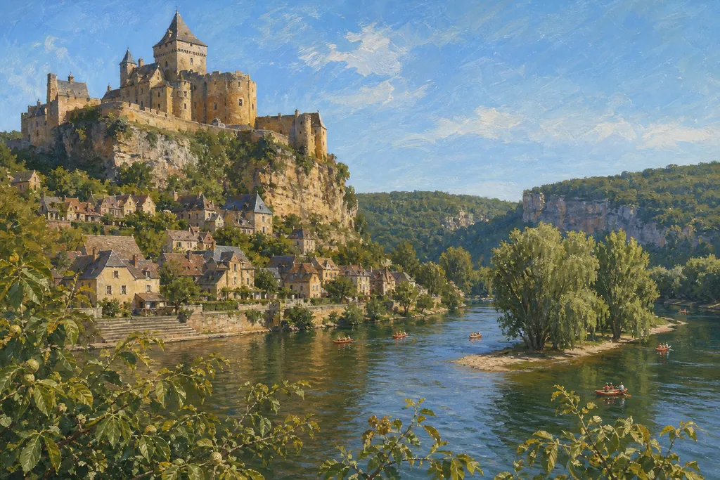 Château de Castelnaud sur son éperon au-dessus du village et de la Dordogne