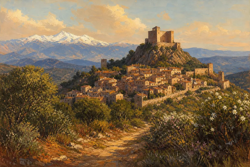 Le village de schiste de Castelnou et son château sur leur piton face au Canigou
