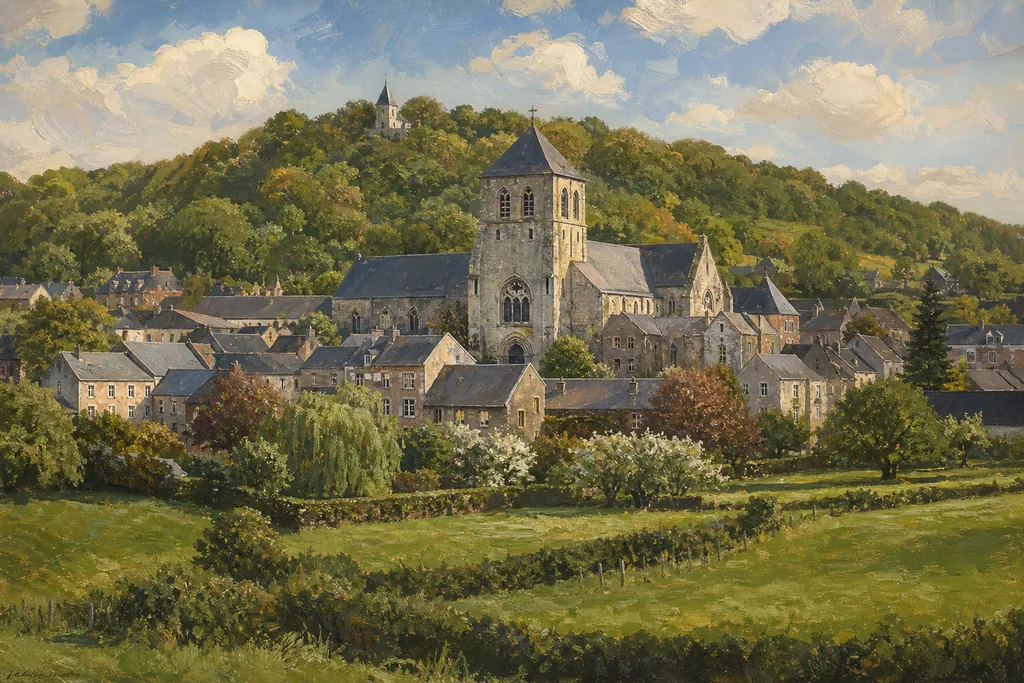 Collégiale romane Saint-Hadelin et maisons de calcaire gris du village de Celles en Famenne