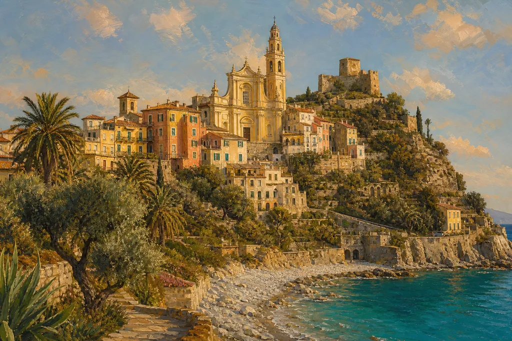 Le bourg de Cervo étagé au-dessus de la mer, dominé par son église baroque et son château