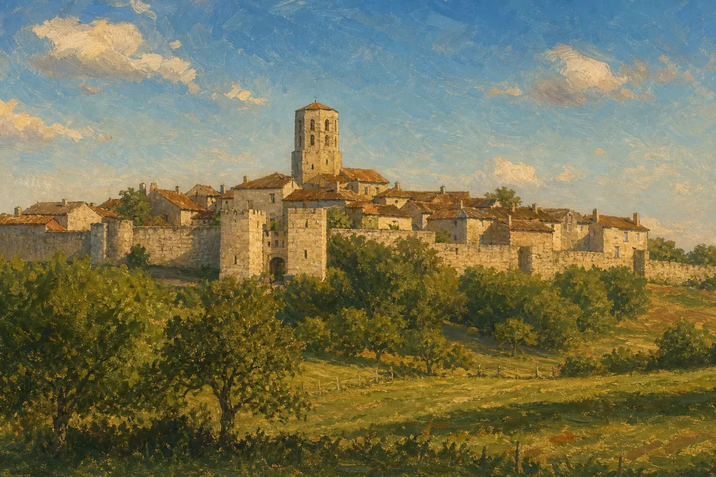 Charroux et son clocher tronqué dominant les maisons de pierre et les prés du Bourbonnais