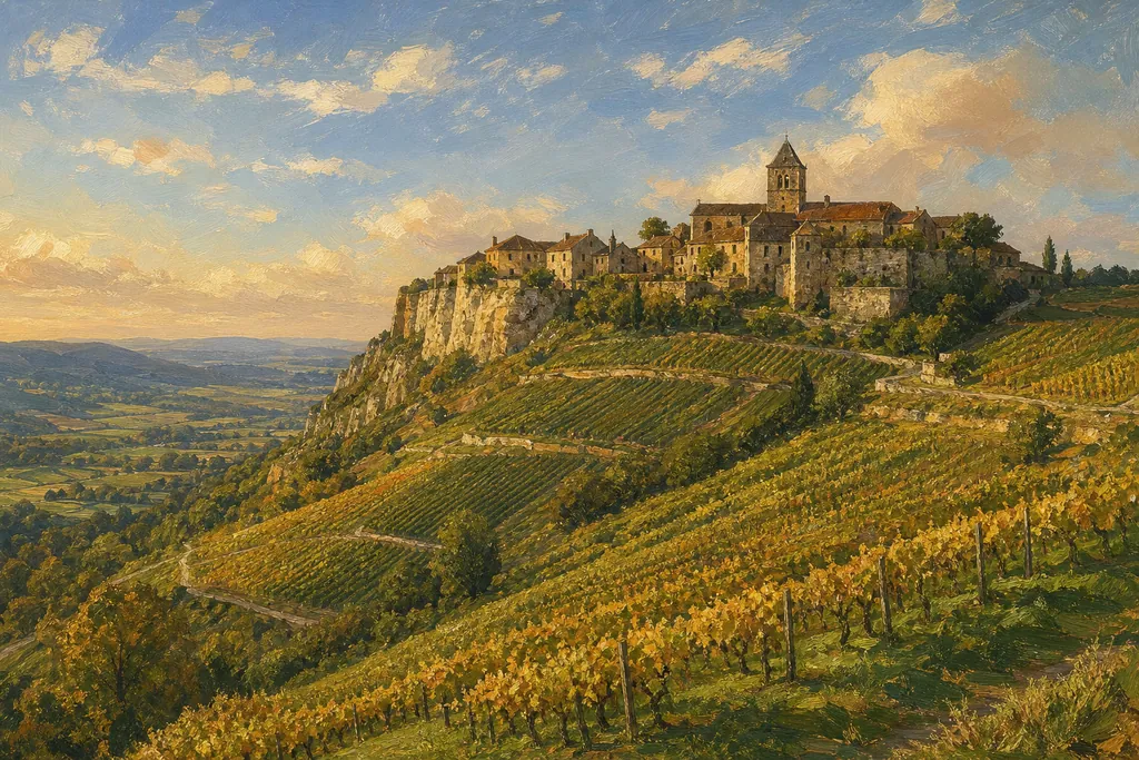Château-Chalon sur son rocher au-dessus des vignes de savagnin, en lumière de fin de journée.