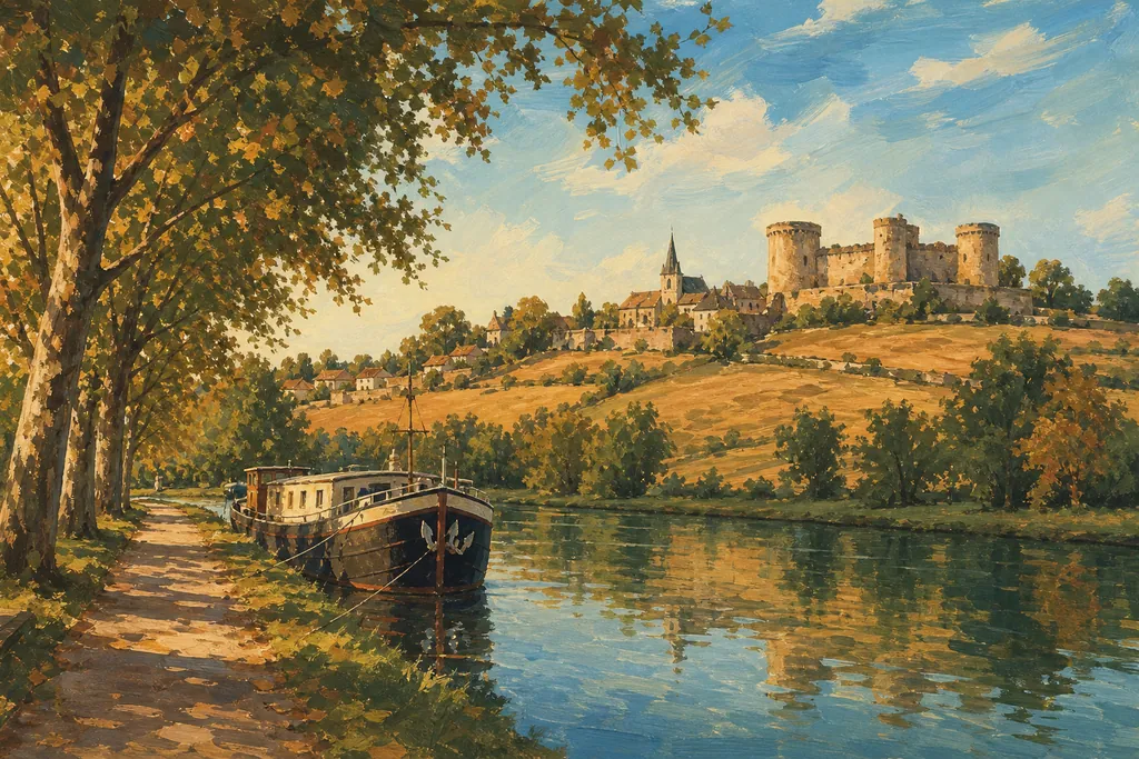 Le château fort de Châteauneuf-en-Auxois sur sa butte, vu depuis le canal de Bourgogne.
