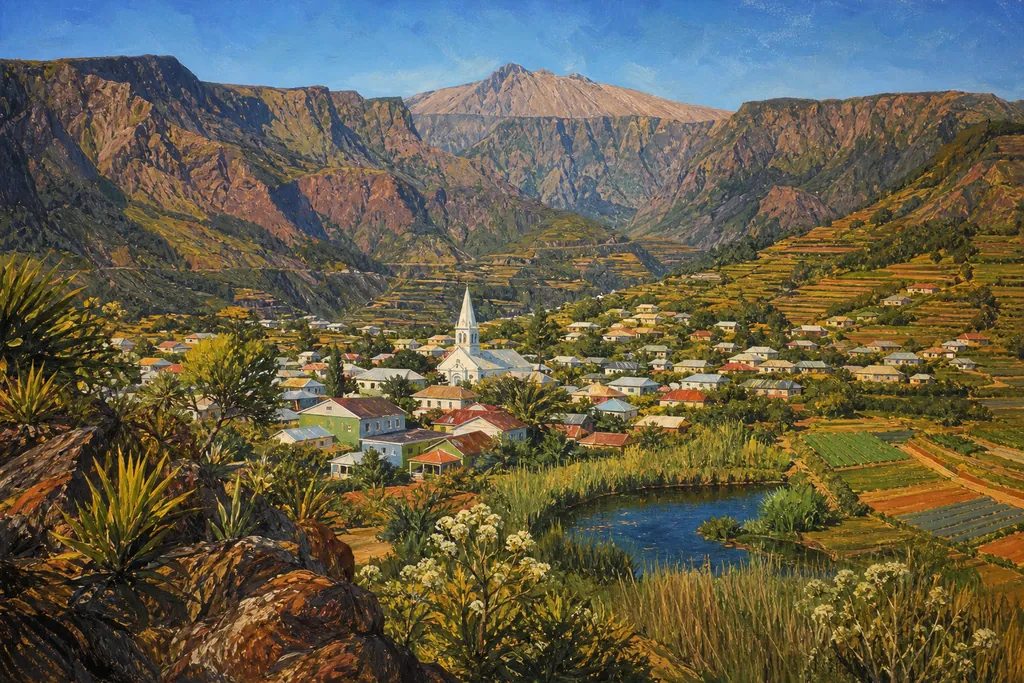 Illustration du village de Cilaos dans son cirque, église blanche, vignes en terrasses et Piton des Neiges.