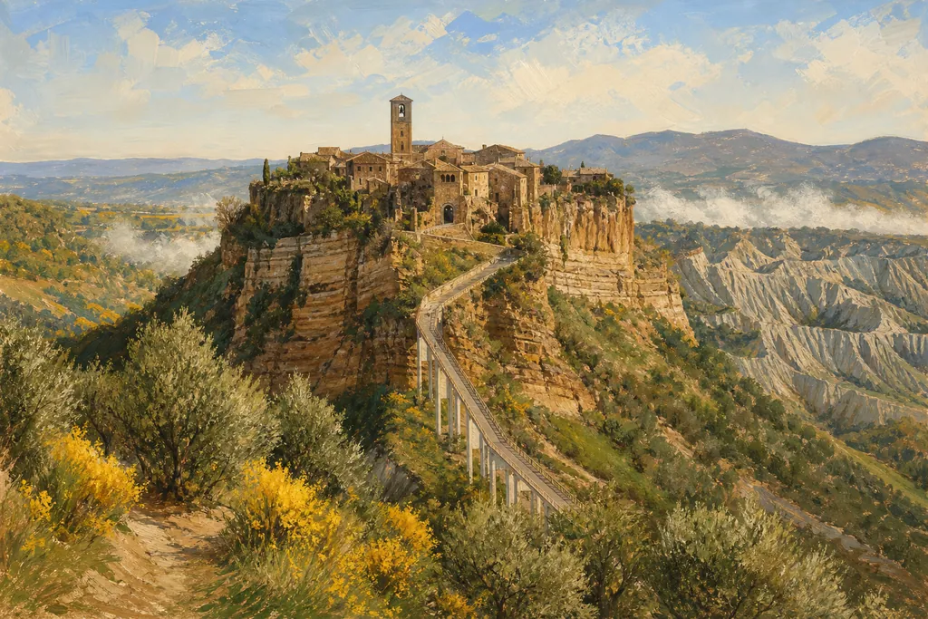Civita di Bagnoregio sur son rocher de tuf au-dessus des calanchi, avec la passerelle d'accès