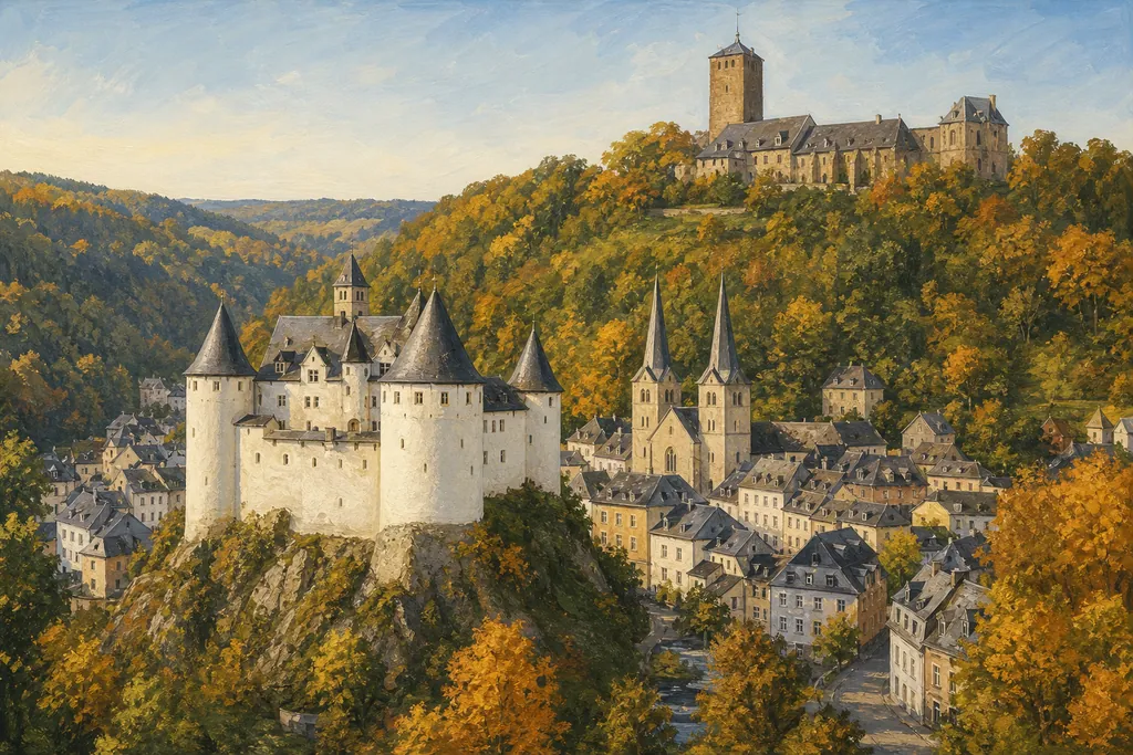 Château blanc de Clervaux au fond de sa vallée, avec l'église à deux tours et l'abbaye sur la colline