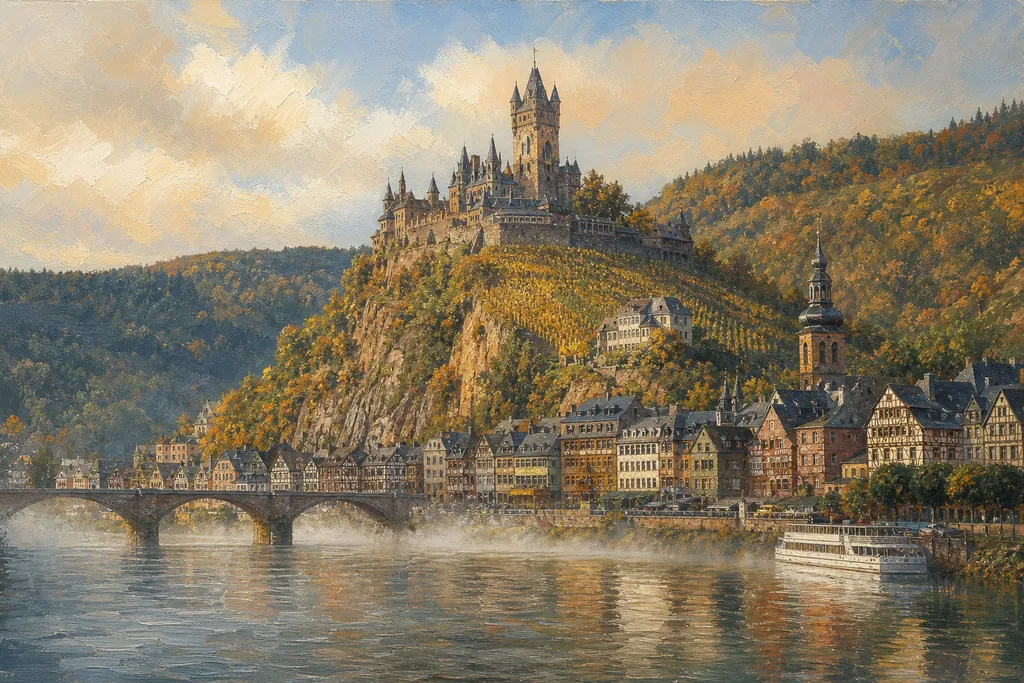 Cochem et son Reichsburg dominant la Moselle, vus depuis la rive de Cond au petit matin