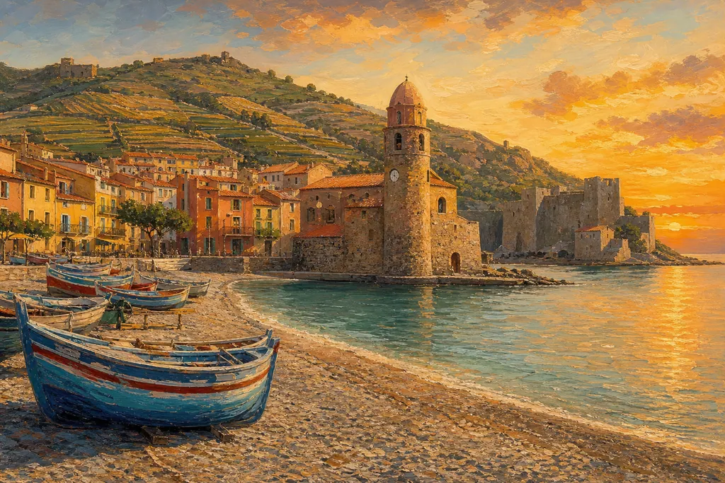 Le clocher rose de Collioure au bord de l'eau, barques catalanes et façades colorées au coucher du soleil