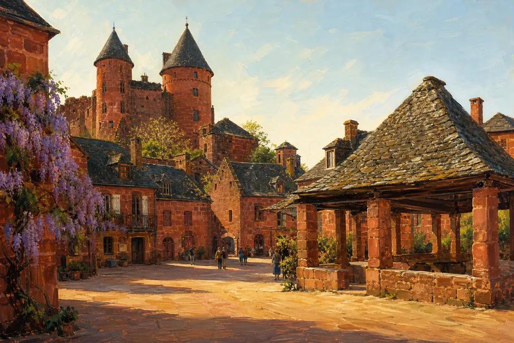 Place de Collonges-la-Rouge avec la halle et le castel de Vassinhac en grès rouge sous la lumière du soir
