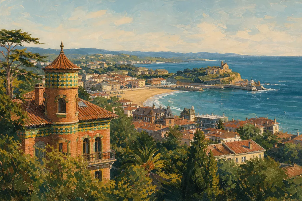 Comillas en Cantabrie, avec le Capricho de Gaudí au premier plan et la baie derrière les toits.