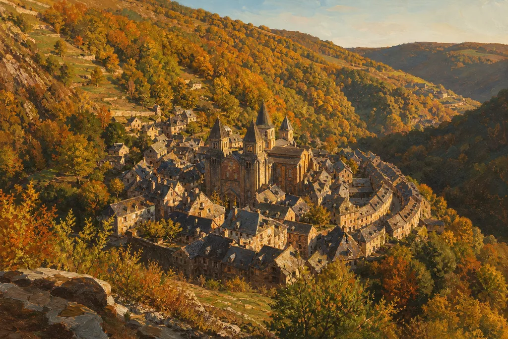 Le village de Conques et son abbatiale Sainte-Foy sous des toits de lauze, dans un vallon boisé en automne