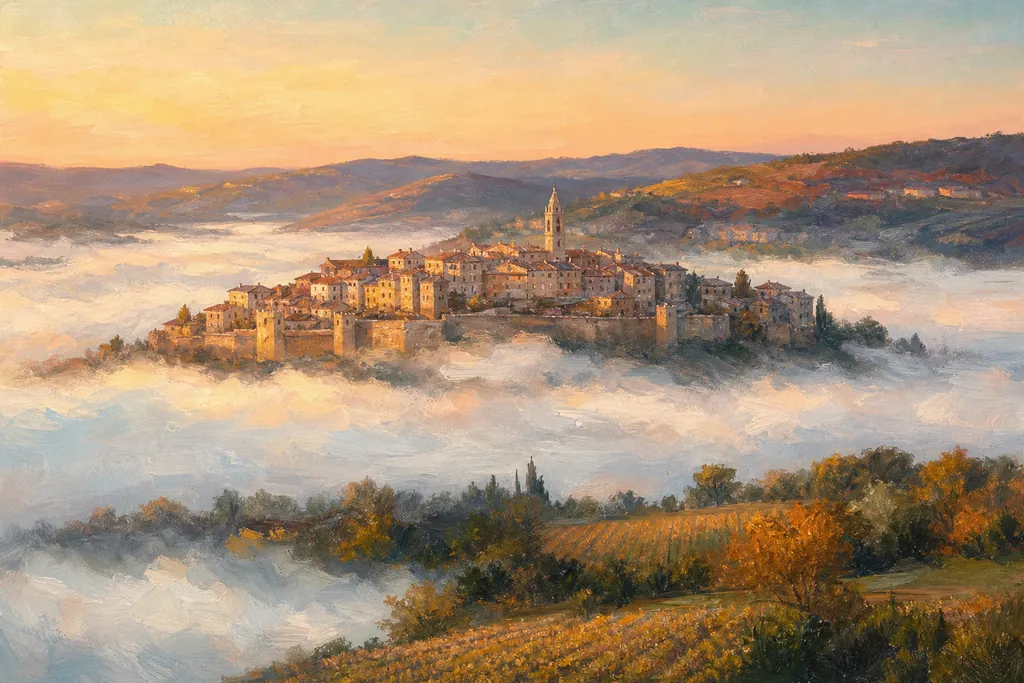La bastide de Cordes-sur-Ciel émergeant d'une mer de brume au lever du soleil