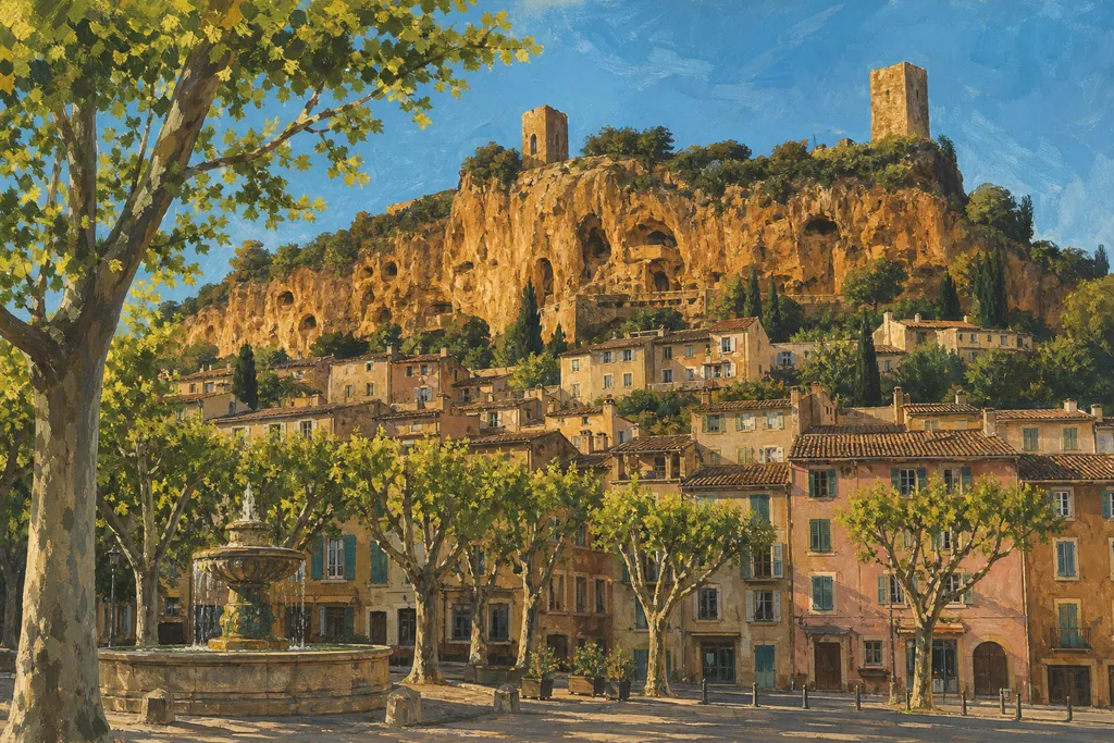 Le village de Cotignac au pied de sa falaise de tuf surmontée de deux tours médiévales, vu depuis le cours.