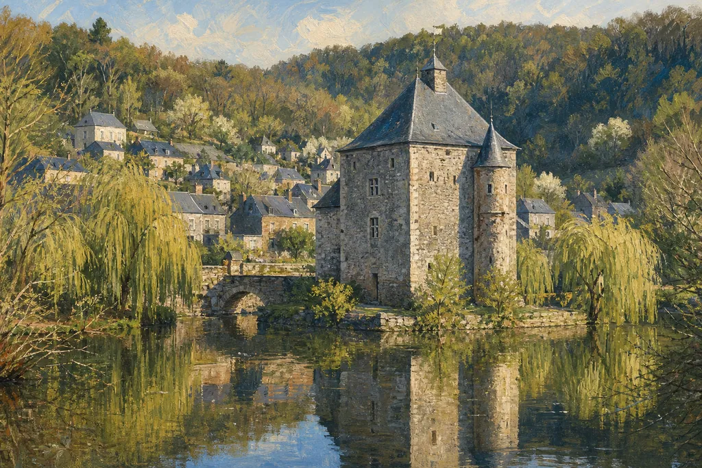 Donjon des Carondelet de Crupet entouré d'eau, avec le village et son vallon boisé en arrière-plan