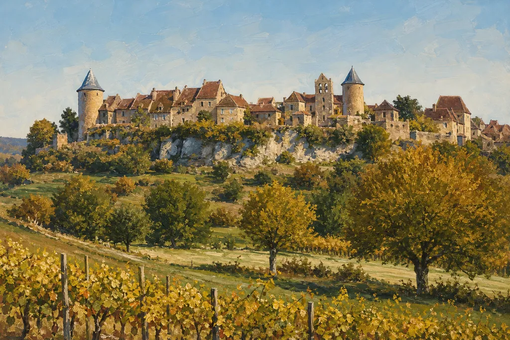 Curemonte sur sa crête avec ses châteaux à tours rondes et son clocher au-dessus des vignes