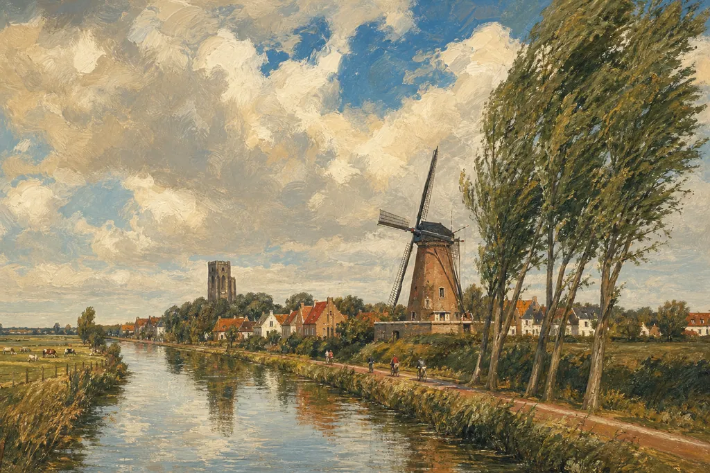 Canal de Damme bordé de peupliers avec le moulin et la tour tronquée de l'église Notre-Dame