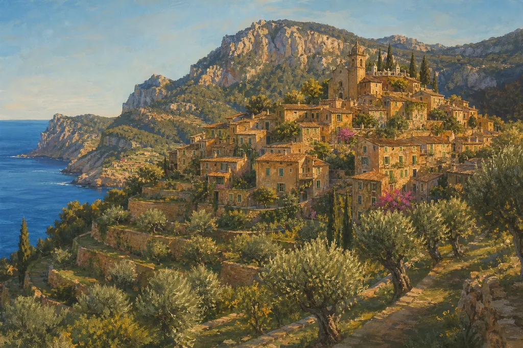 Deià, ses maisons de pierre enroulées autour de la colline de l'église, entre oliviers en terrasses et montagne
