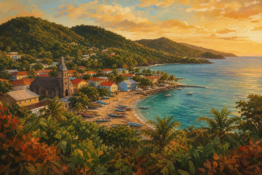 Illustration de l'anse de Deshaies en Guadeloupe, bourg de pêcheurs coloré entre mer calme et collines boisées.