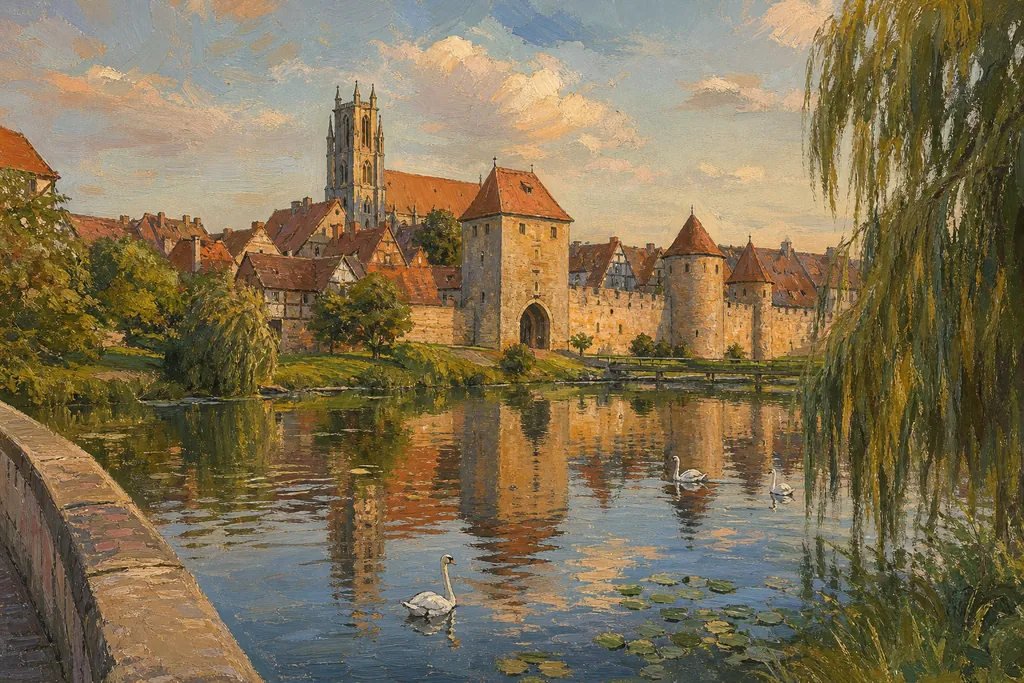 Remparts et tours de Dinkelsbühl se reflétant dans les étangs des fossés, avec la tour de la cathédrale